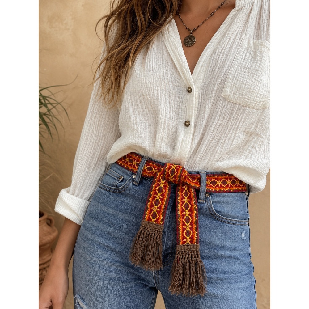 Boho Woven Belt Tassel Tie Fringe Red Orange Yellow Tie Western - Picture 5 of 6